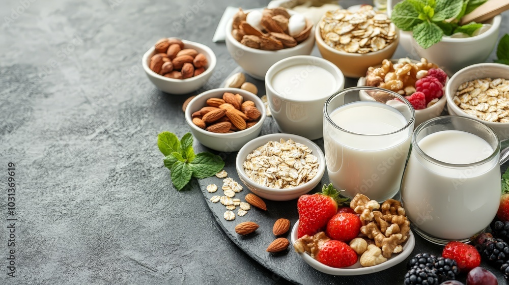 A dynamic shot of a breakfast table with a variety of plant-based milks alongside cereals, fruits, and nuts A dynamic shot of a breakfast table with a variety of plant-based milks alongside cereals, fruits, and nuts