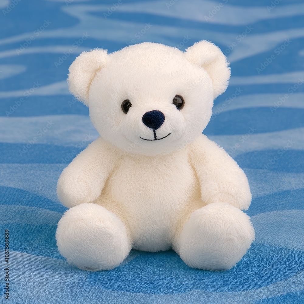 A cute, soft, white teddy bear sitting on a blue background. A cute, soft, white teddy bear sitting on a blue background.