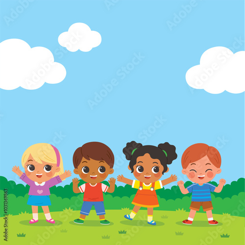 Group of Happy boys and girls standing and jumping on the park. Children's activities. Template for advertising brochure.