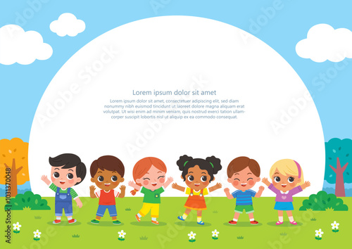 Group of Happy boys and girls standing and jumping on the park. Children's activities. Template for advertising brochure.