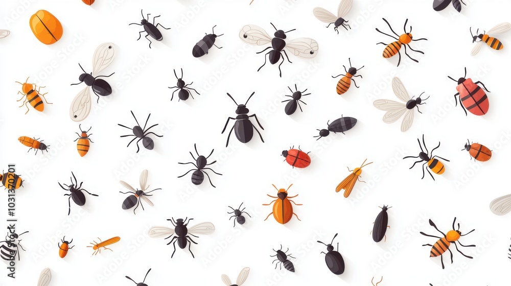 Small cartoon insects like beetles, ants, and bees scattered in a seamless illustration Small cartoon insects like beetles, ants, and bees scattered in a seamless illustration