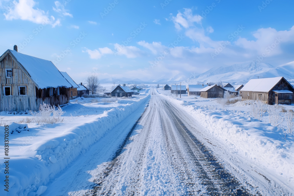 A snow-covered rural road passes through a peaceful winter village with wooden houses and mountains in the background A snow-covered rural road passes through a peaceful winter village with wooden houses and mountains in the background
