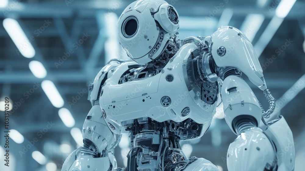A highly detailed 3D model of a mechanical robot, with intricate gears and joints, standing in a futuristic industrial setting. A highly detailed 3D model of a mechanical robot, with intricate gears and joints, standing in a futuristic industrial setting.