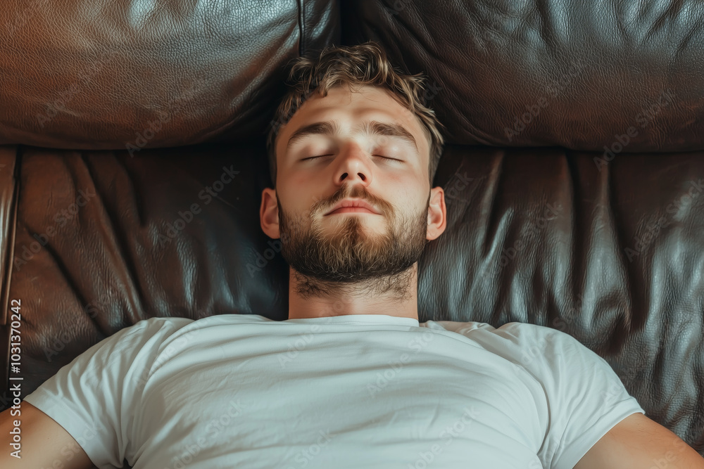Fototapeta premium A bearded man in a white t-shirt rests peacefully with his eyes closed, lying on a brown leather couch