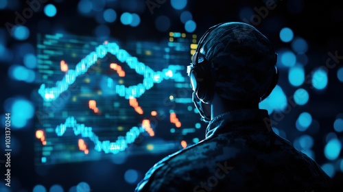 Soldier monitoring data trends on a screen in a high-tech environment.