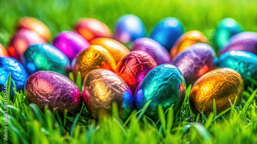 Fototapeta premium Colorful Easter chocolate eggs on a bed of green grass , Easter, chocolate, eggs, candy, treats, holiday
