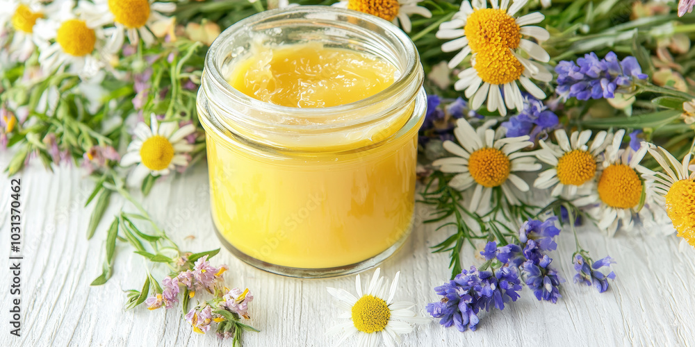 A jar of homemade skin balm with natural ingredients like shea butter, generative AI A jar of homemade skin balm with natural ingredients like shea butter, generative AI
