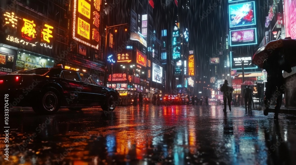 A highly detailed 3D rendering of a cyberpunk city at night, with neon lights reflecting off rain-soaked streets, and people in futuristic attire walking by. A highly detailed 3D rendering of a cyberpunk city at night, with neon lights reflecting off rain-soaked streets, and people in futuristic attire walking by.