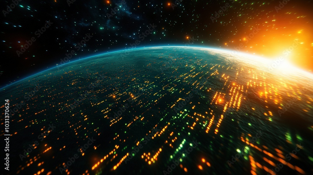 Obraz premium Stunning view of the Earth from space with vibrant lights and a sunrise.