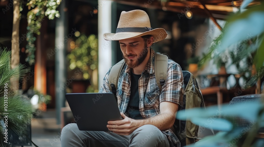 A dynamic shot of a digital nomad entrepreneur exploring new cultures while managing business remotely A dynamic shot of a digital nomad entrepreneur exploring new cultures while managing business remotely