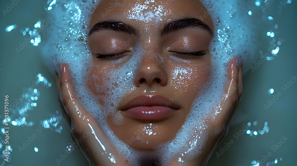A serene close-up of a woman relaxing in a bubble bath. A serene close-up of a woman relaxing in a bubble bath.