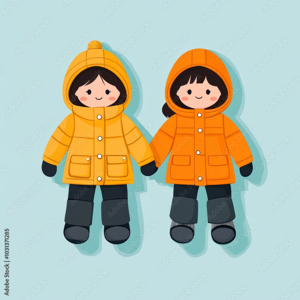 Two cartoon children in colorful winter coats holding hands. Two cartoon children in colorful winter coats holding hands.