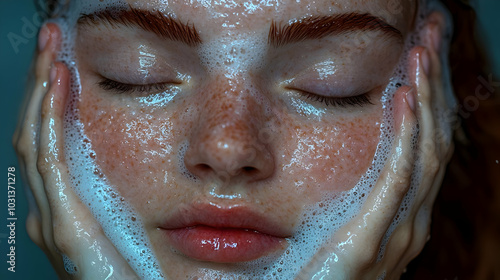 Close-up of a person washing their face with foamy cleanser.