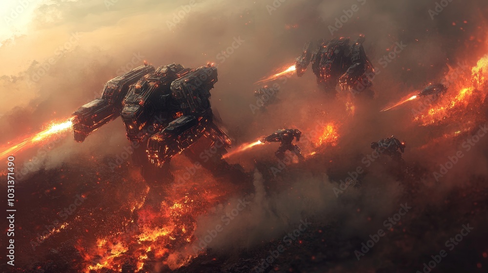 A highly detailed illustration of a battle between futuristic robots, with intricate armor plating, glowing energy weapons, and a smoky battlefield. A highly detailed illustration of a battle between futuristic robots, with intricate armor plating, glowing energy weapons, and a smoky battlefield.