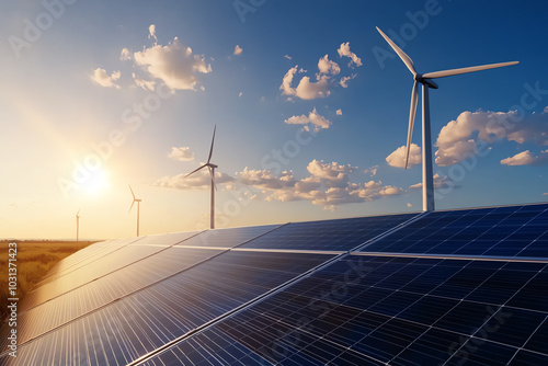 A side view of a hybrid solarwind farm, where solar panels and wind turbines work together to generate renewable energy photo