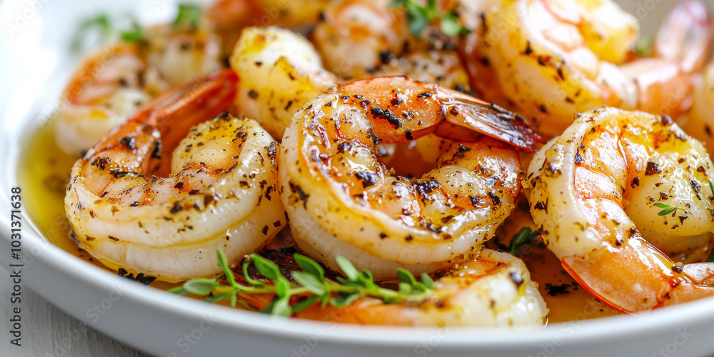 The perfectly seared shrimp on top of golden yellow garlic oil and black peppercorns, generative AI The perfectly seared shrimp on top of golden yellow garlic oil and black peppercorns, generative AI