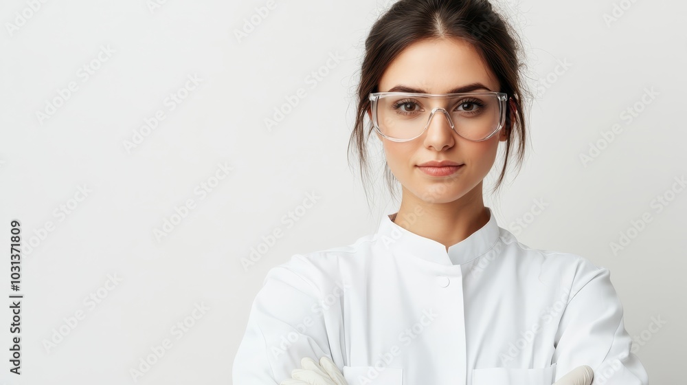 Confident Female Scientist in Lab Coat with Safety Glasses Confident Female Scientist in Lab Coat with Safety Glasses