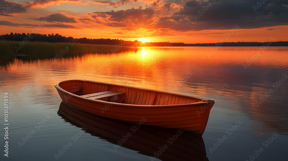 A serene sunset over a calm lake with a wooden boat. A serene sunset over a calm lake with a wooden boat.