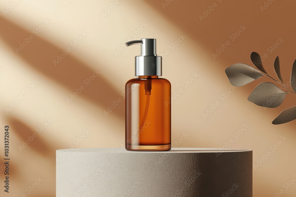 Amber Glass Pump Bottle on Beige Podium. Amber Glass Pump Bottle on Beige Podium.