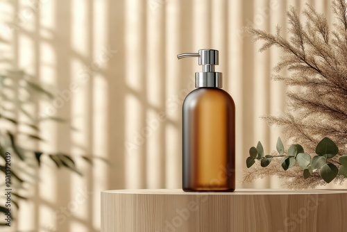 Amber Glass Pump Bottle on Wooden Platform.