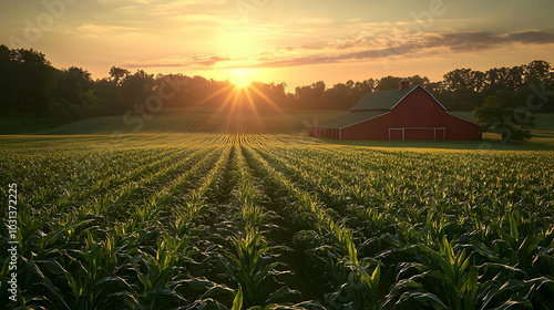 Sunrise over a cornfield wi...