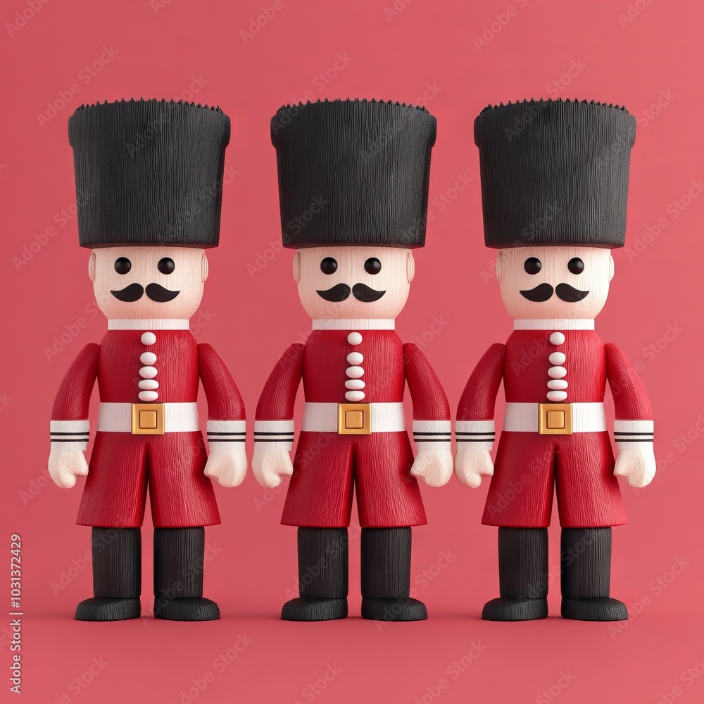 Three toy soldiers with mustaches and tall hats against a pink background. Three toy soldiers with mustaches and tall hats against a pink background.