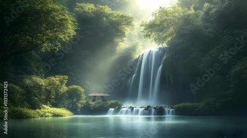 Serene waterfall cascading ...