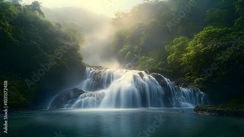 Serene waterfall cascading ...