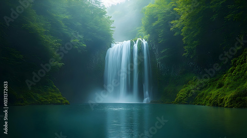Serene waterfall cascading ...