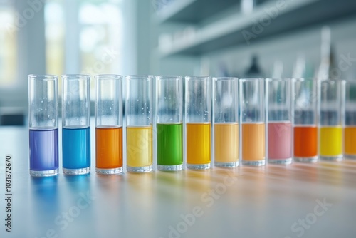 A vibrant array of colored liquids in test tubes lined up on a table, showcasing a spectrum from blue to pink. photo