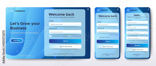 Set of Sign Up and Sign In forms. colorful gradient. Mobile Registration and login forms page. Professional web design, full set of elements. User-friendly design materials.