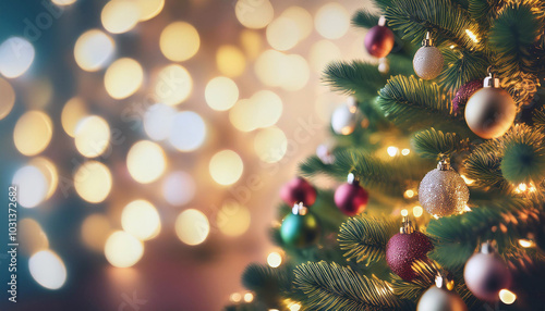 Warm Christmas lights illuminate a beautifully decorated tree, sparkling ornaments reflecting the festive glow.