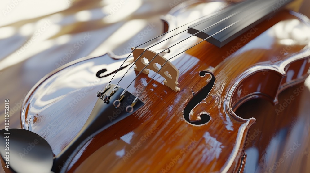 Fototapeta premium A hyper-realistic close-up of a violin, with detailed wood grain, polished strings, and reflections of light off its varnished surface.