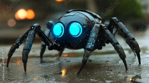 Robotic Spider with Glowing Blue Eyes in the Rain