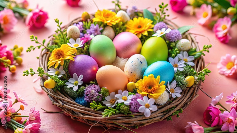 Easter Wreath with Colorful Eggs and Flowers Nest on Pink Background for Spring Decor Easter Wreath with Colorful Eggs and Flowers Nest on Pink Background for Spring Decor
