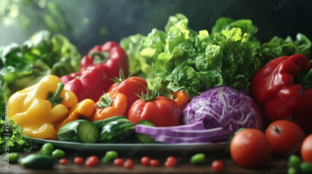 A hyper-realistic rendering of a fresh salad with vibrant vegetables, showing the texture and freshness of the ingredients. A hyper-realistic rendering of a fresh salad with vibrant vegetables, showing the texture and freshness of the ingredients.