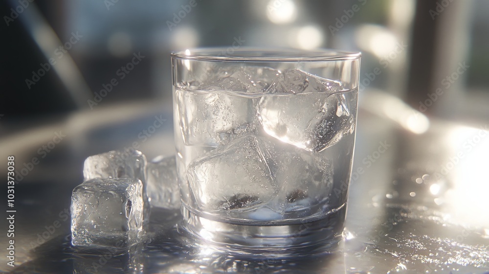 A hyper-realistic rendering of a glass of ice water, with condensation forming on the surface of the glass and light reflecting off the ice cubes. A hyper-realistic rendering of a glass of ice water, with condensation forming on the surface of the glass and light reflecting off the ice cubes.