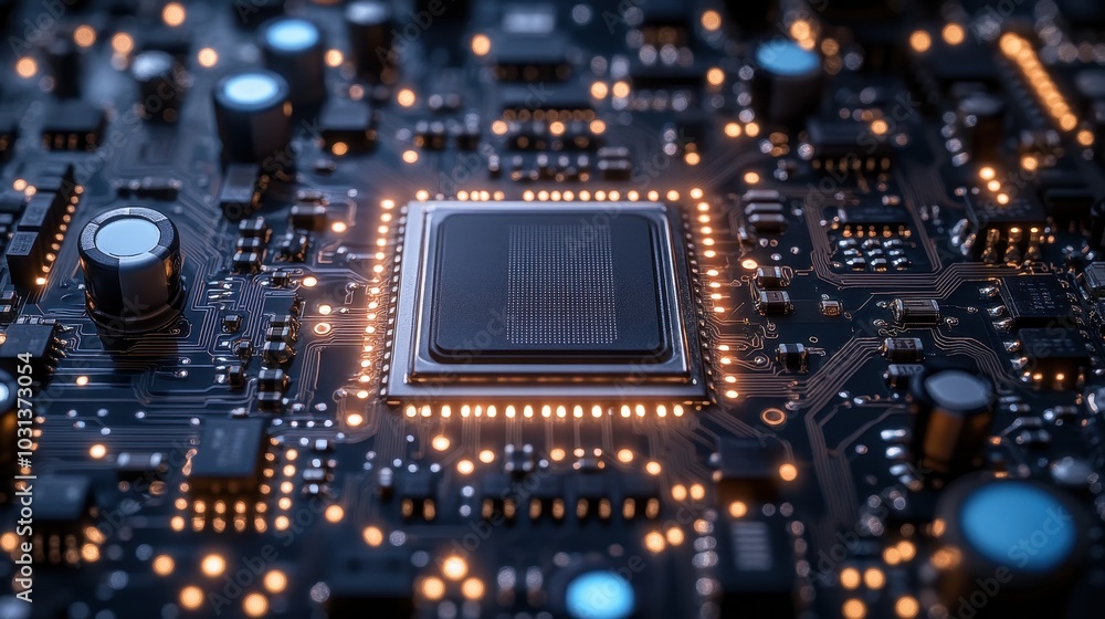 Close-Up of a Modern Microchip on a Circuit Board with Glowing Lights and Detailed Electronic Components Close-Up of a Modern Microchip on a Circuit Board with Glowing Lights and Detailed Electronic Components