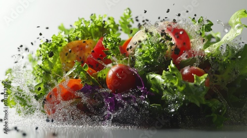 A hyper-realistic rendering of a fresh salad with vibrant vegetables, showing the texture and freshness of the ingredients. photo