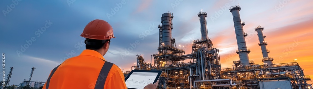 Industrial Worker with Tablet in Front of Refinery at Sunset Industrial Worker with Tablet in Front of Refinery at Sunset