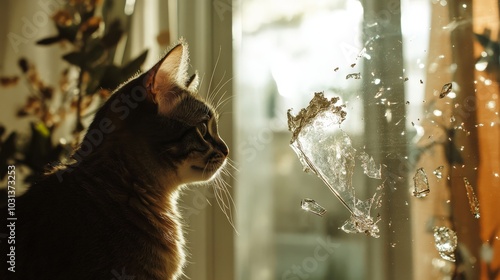 A cat in slow motion with ears back, watching as an ornate glass piece starts to fall, the elegant apartment decor providing a backdrop, light capturing the fragile moment of imminent disaster. photo