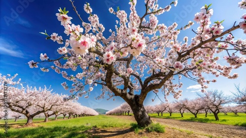 Almond tree in bloom with leading lines against blue sky background