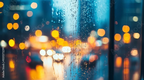 Blurred city lights behind a rain-soaked window at night photo