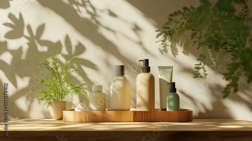 A minimalist 3D composition of skin care products in eco-friendly packaging, placed on a wooden surface with soft shadows and natural light. photo