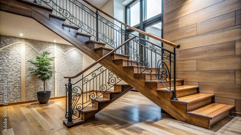 Fototapeta premium asymmetrical modern wrought iron wooden staircase