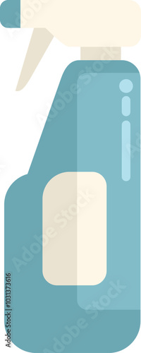 Blue plastic spray bottle dispensing sanitizer or detergent