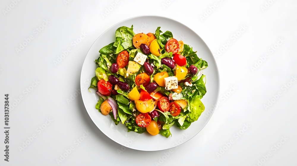 Fresh greek salad on a plate on white background. Fresh greek salad on a plate on white background.