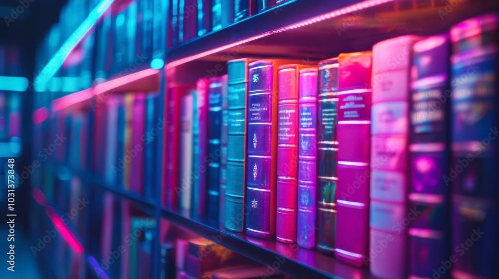 Illuminated book collection: Close-up view of books on a shelf in a library, with neon lights adding a futuristic and stylish element