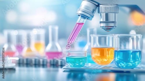 A vibrant laboratory scene featuring colorful liquids in beakers and a pipette, showcasing science and experimentation.