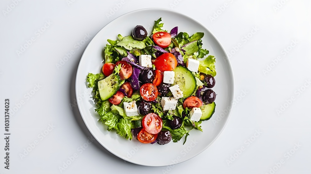 Fresh greek salad on a plate on white background. Fresh greek salad on a plate on white background.
